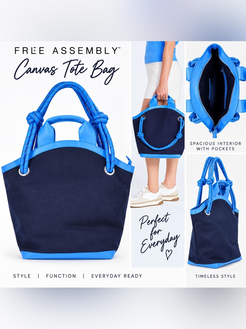 NWT Free Assembly Navy Canvas Tote with Bright Blue Trim